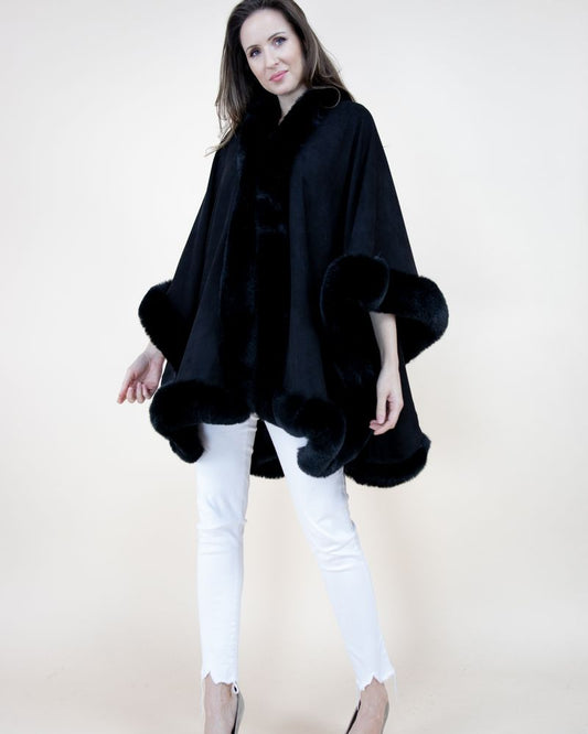038- Very Moda Black Faux Fur Trimmed Suede Ruana