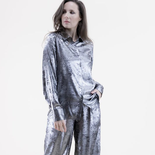 038- Very Moda Black Metallic Collared Shirt