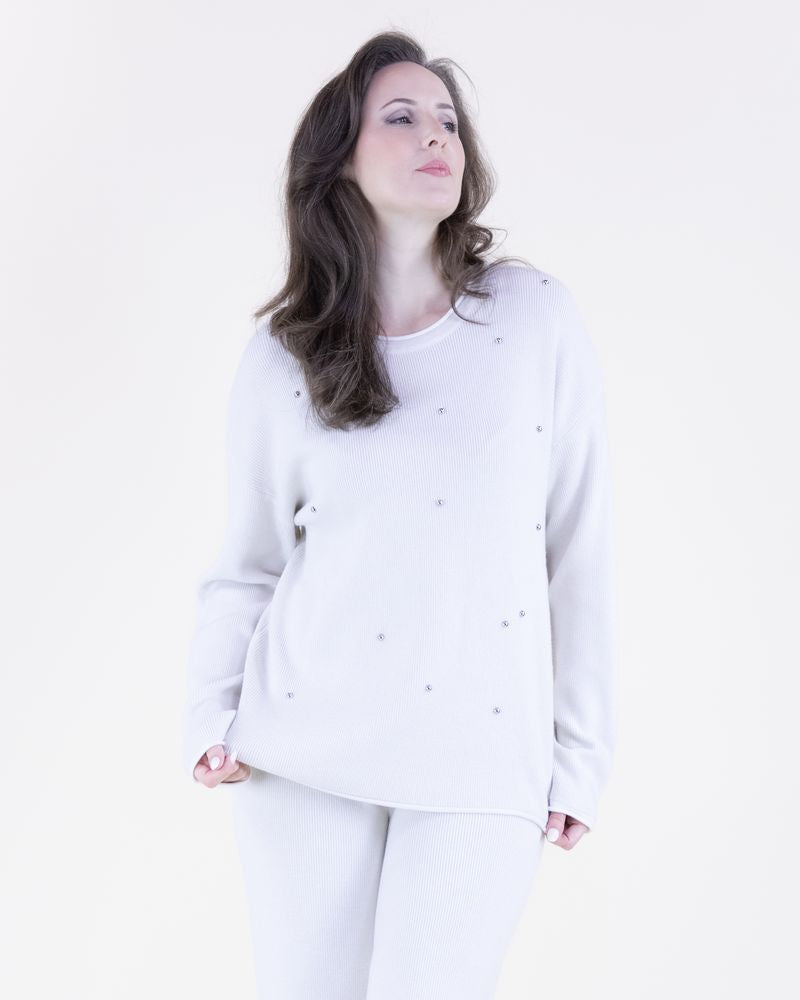 038- Very Moda Ivory Embellished Rolled Hem Sweater