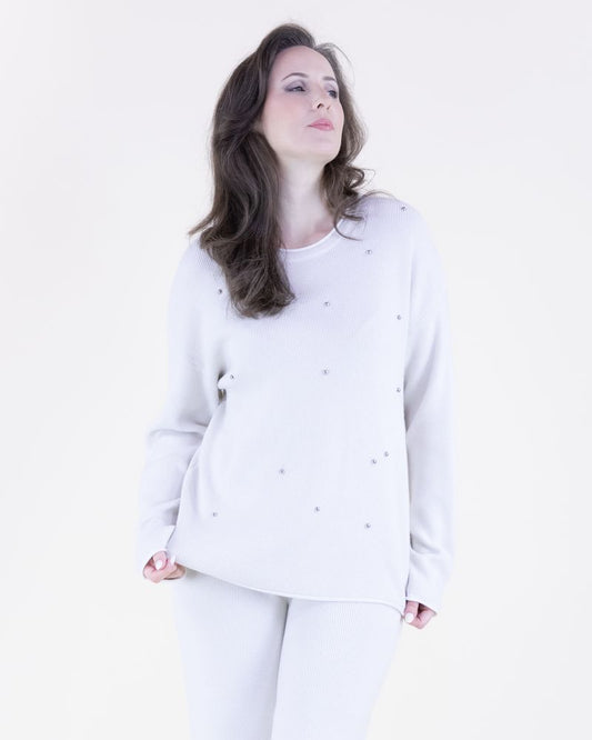 038- Very Moda Ivory Embellished Rolled Hem Sweater