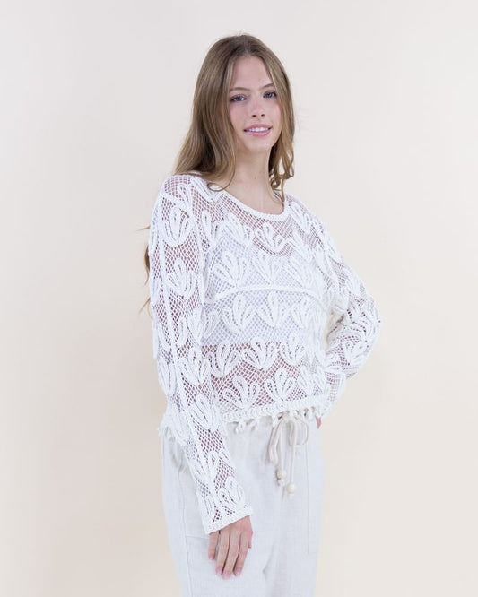 038- Very Moda White Crochet Fringed Hem Blouse