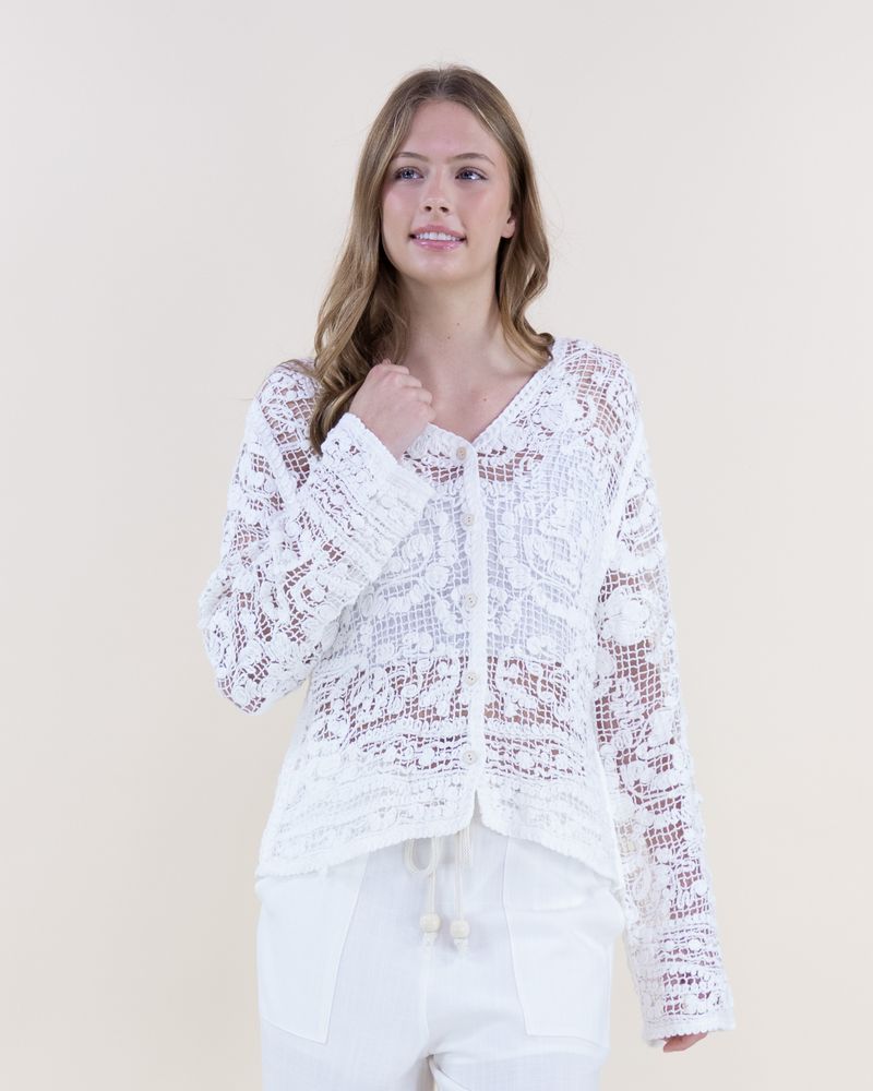038- Very Moda White Floral Crochet Lace V-Neck Button Up Top