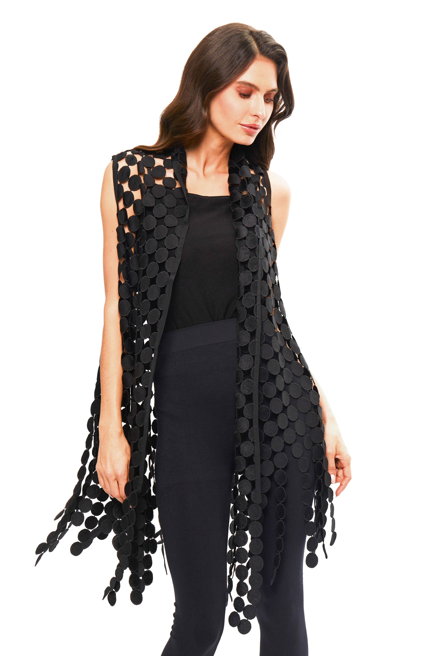 060- Adore Sheer Black Circle Long Vest