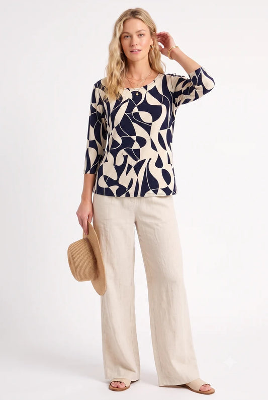 000- ATU Navy and Cream 3/4 Sleeve Top