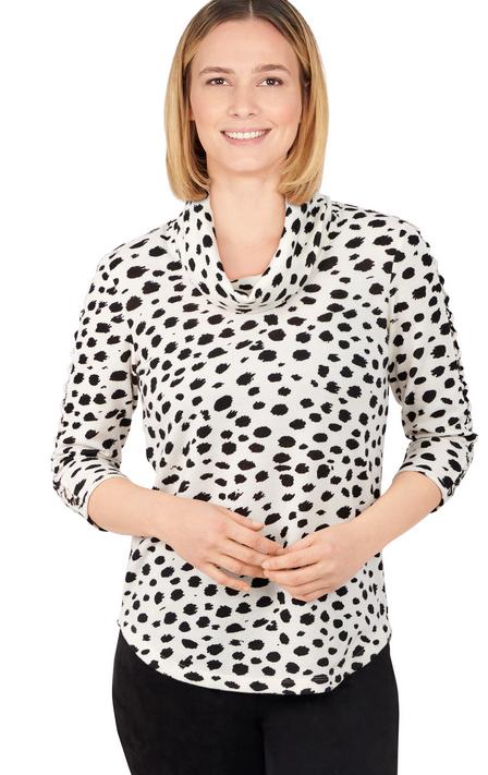 036- Ruby Road Ivory and Black Dalmation Cowl Neck Top