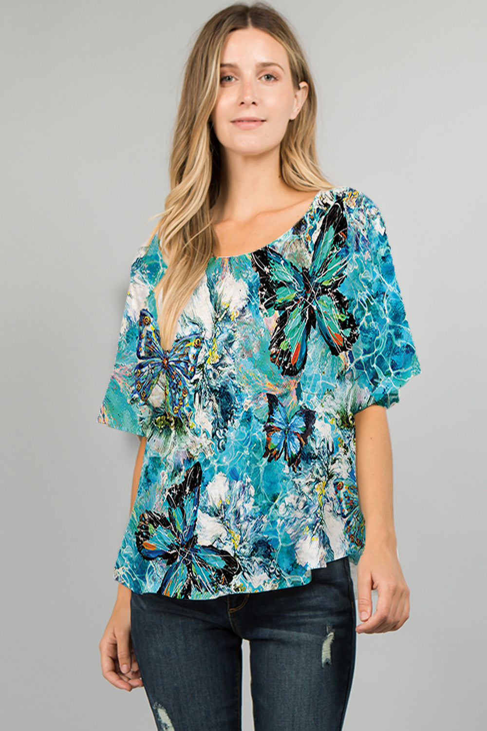 025- ET Lois Black and Turquoise Short Sleeve Knit Top