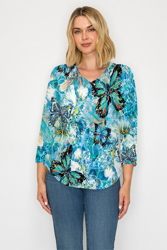 025- ET Lois Blue Butterfly Knit 3/4 Sleeve Top