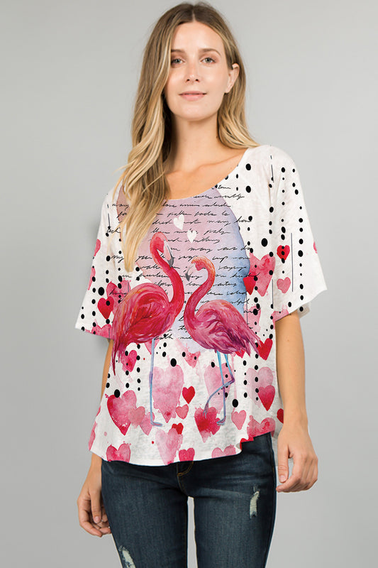 025- ET Lois Pink Flamingo and Hearts Knit Short Sleeve Top