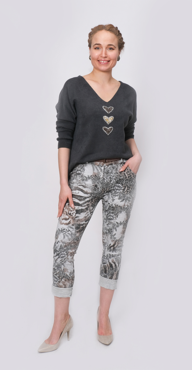 063- Bella Amore White with Black Floral Stretch Pants