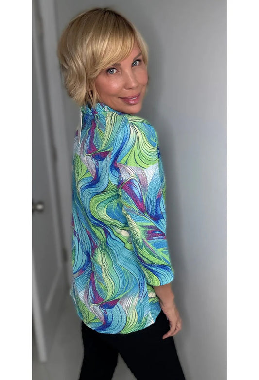 011- Ethyl Turquoise with Aqua and Lime ruffle  "V" neck Top