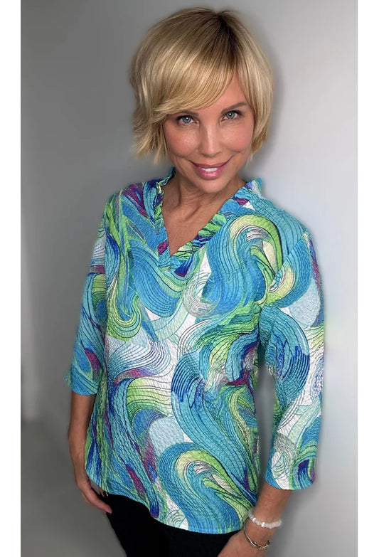 011- Ethyl Turquoise with Aqua and Lime ruffle  "V" neck Top