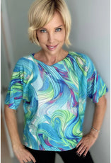 011- Ethyl Turquoise and Lime Swirl Pattern Sweater
