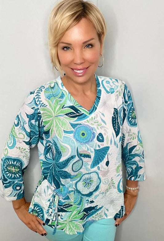 011- Ethyl Teal and White Floral "V" Neck Top