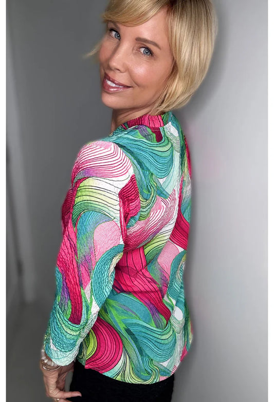 011- Ethyl Hot Pink and Turquoise Swirl Pattern "V" Neck Top