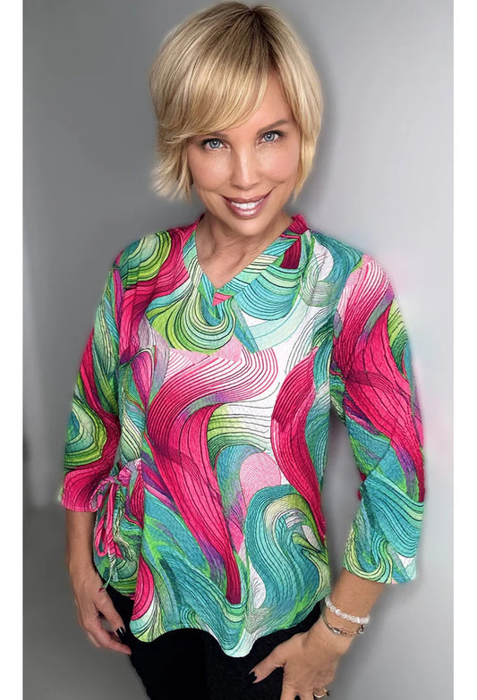 011- Ethyl Hot Pink and Turquoise Swirl Pattern "V" Neck Top