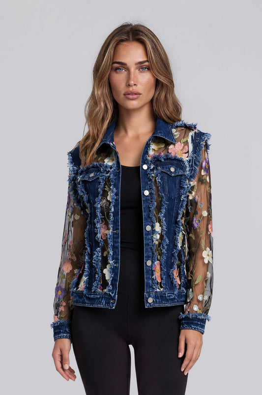 060- Adore Denim and Mesh Multi Flower Jacket