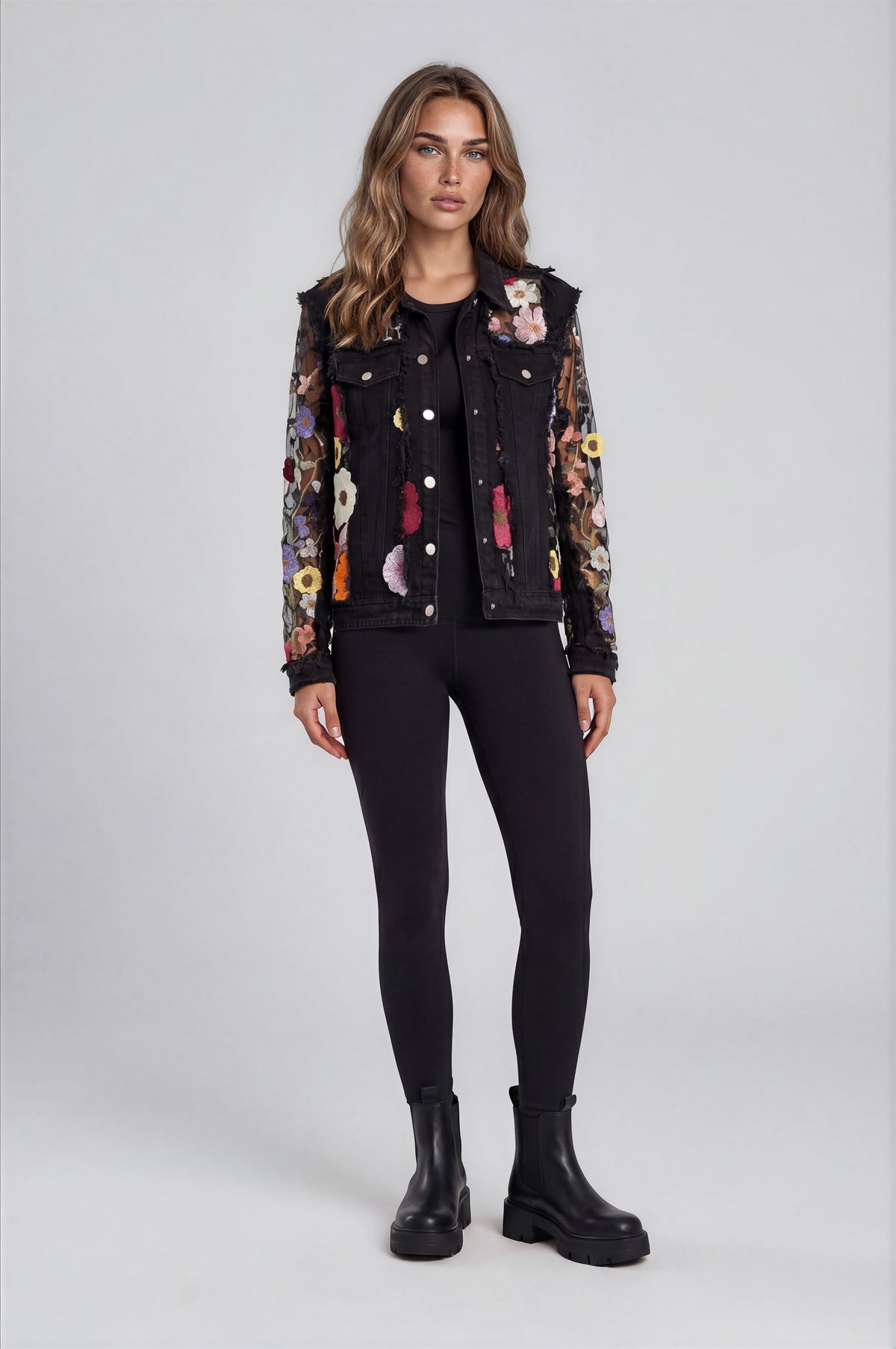 060- Adore Black Denim and Mesh Flower Jacket