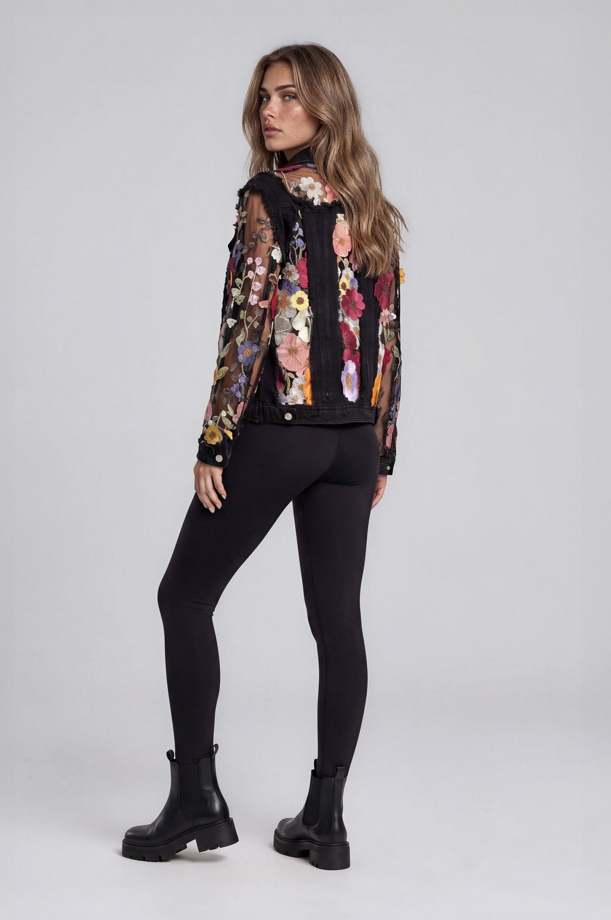 060- Adore Black Denim and Mesh Flower Jacket
