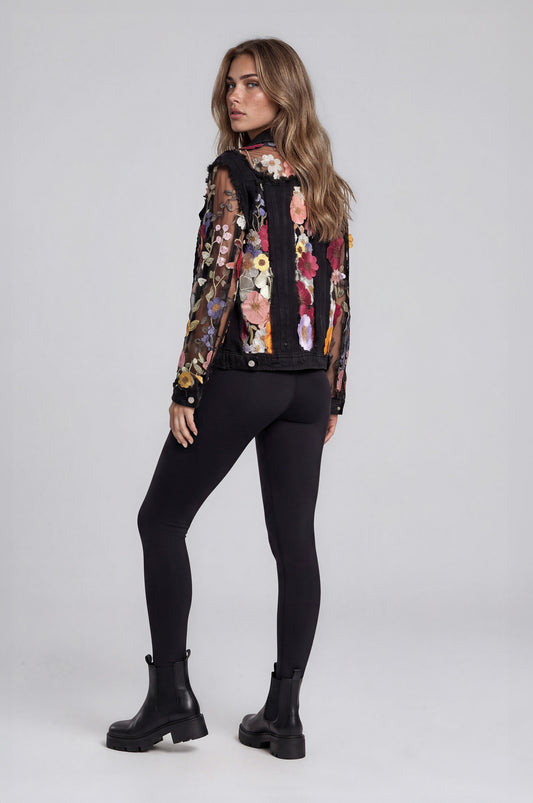 060- Adore Black Denim and Mesh Flower Jacket