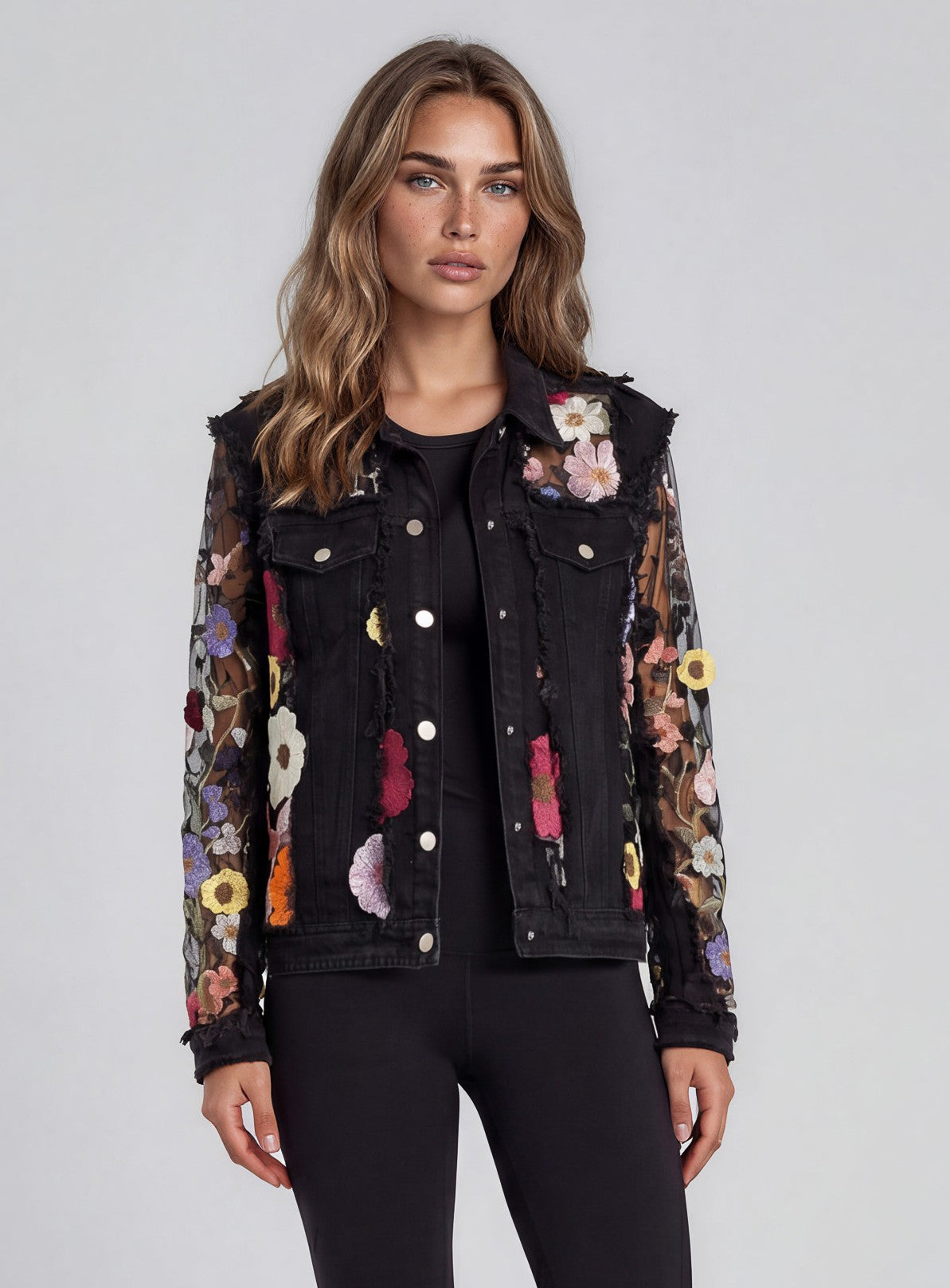 060- Adore Black Denim and Mesh Flower Jacket