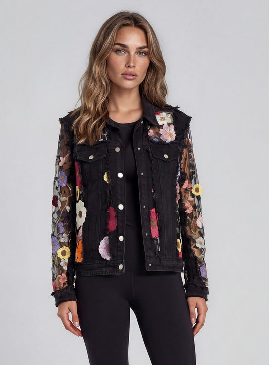 060- Adore Black Denim and Mesh Flower Jacket