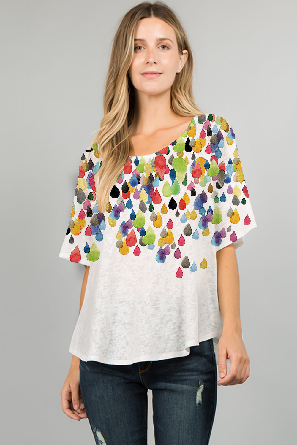 025- ET Lois Bright Tear Drops Short Sleeve Knit Top