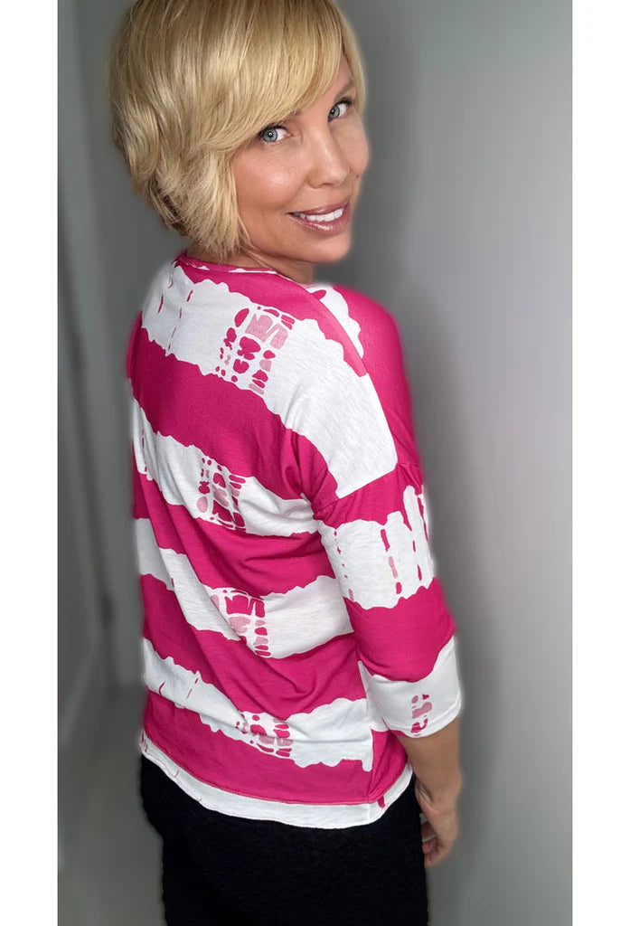 011- Ethyl Hot Pink and White 3/4 Sleeve Top