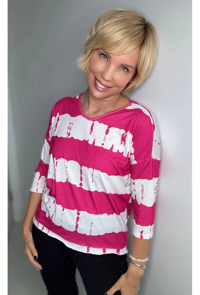 011- Ethyl Hot Pink and White 3/4 Sleeve Top