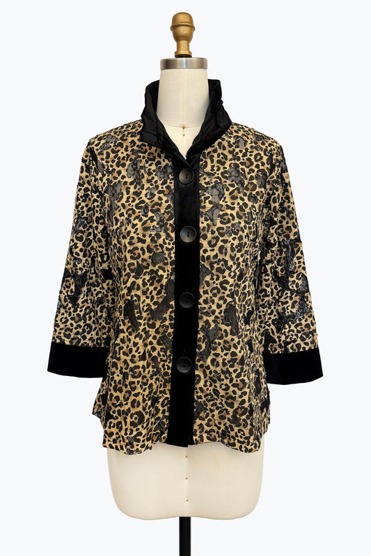 017- Damee Leopard and Black Velvet Long Jacket
