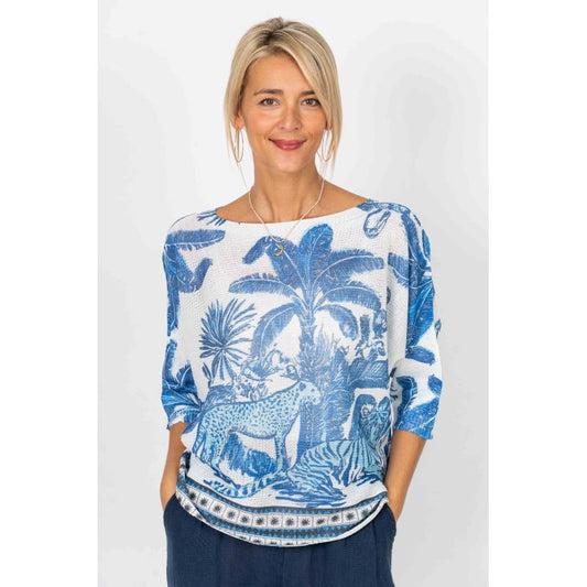 075- Look Mode Blue Animals Palm Sweater