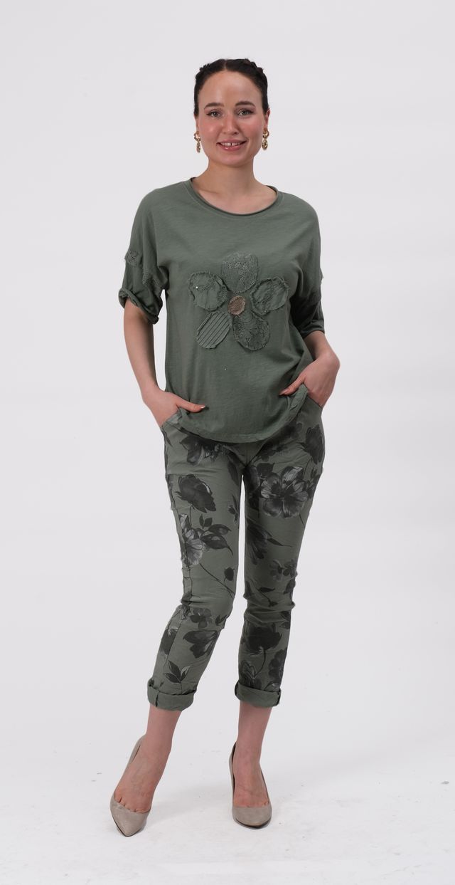 063- Bella Amore Army Green Flower Pants