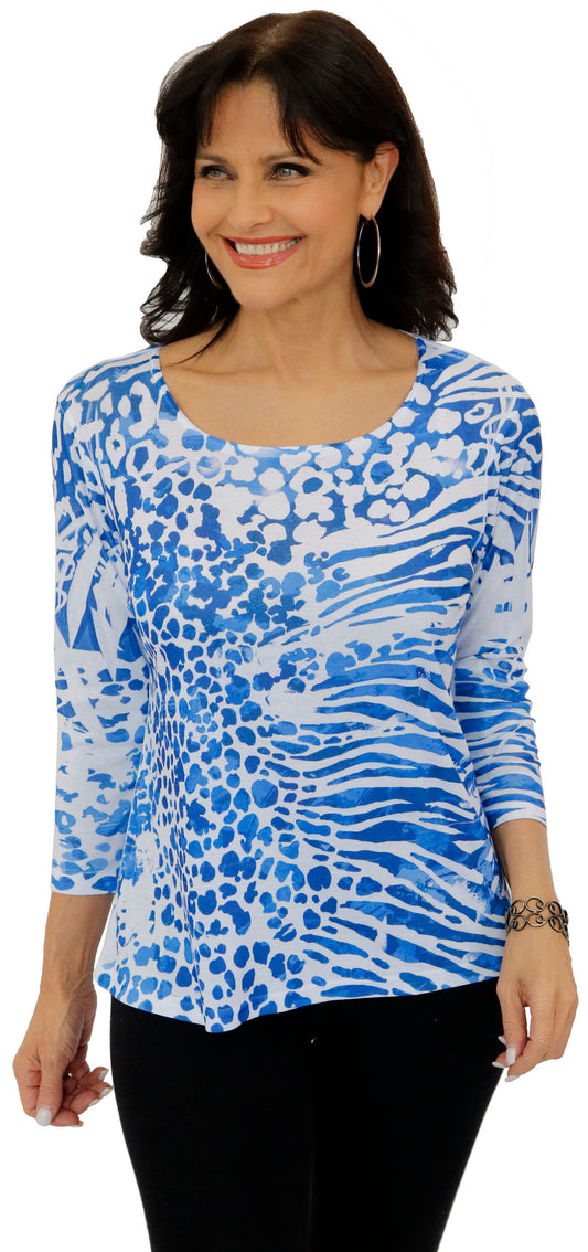 071- Impulse Blue and White Leopard and Zebra Top