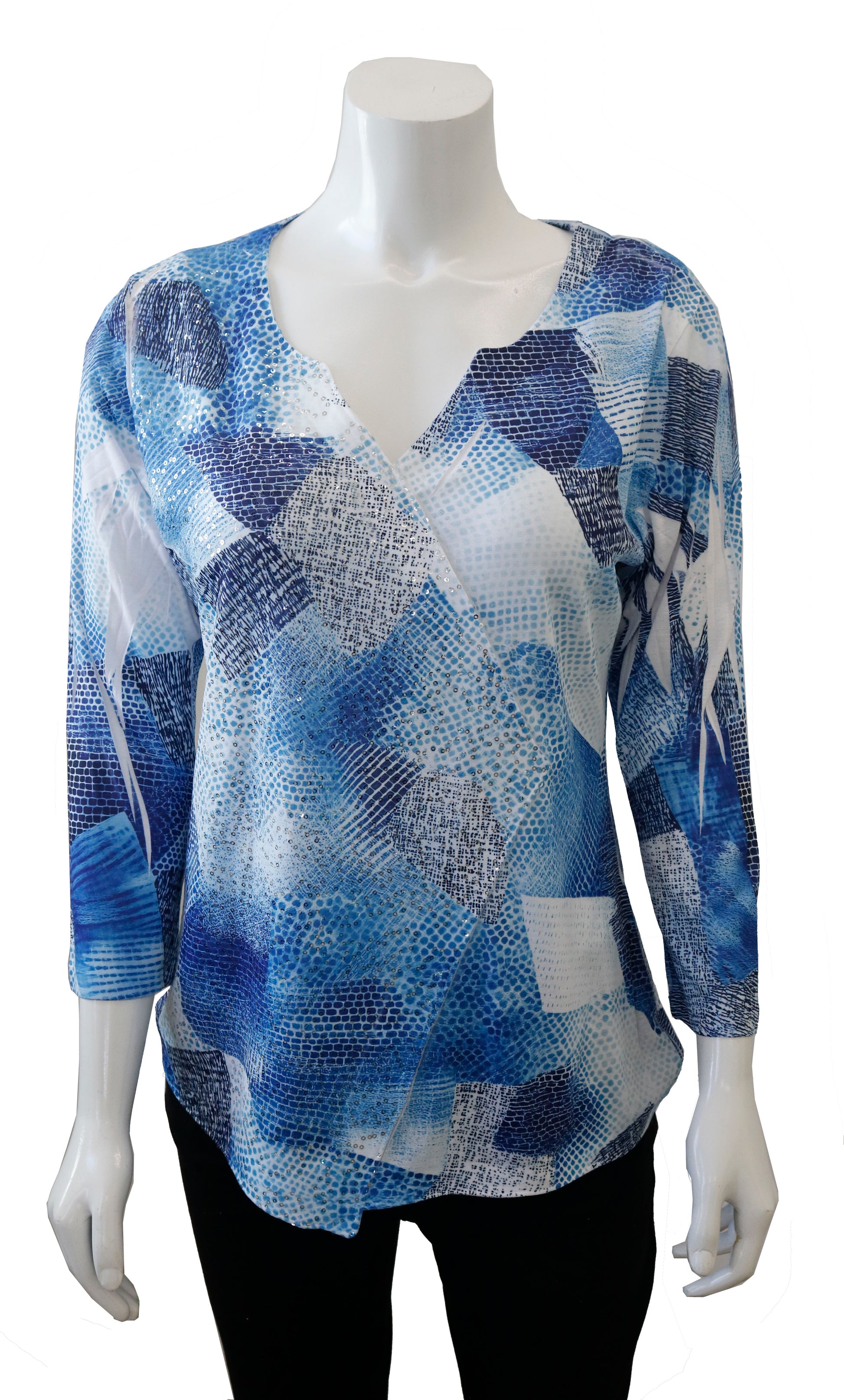 071- Impulse  Shades of Blue Sequin Front "V" Neck Top