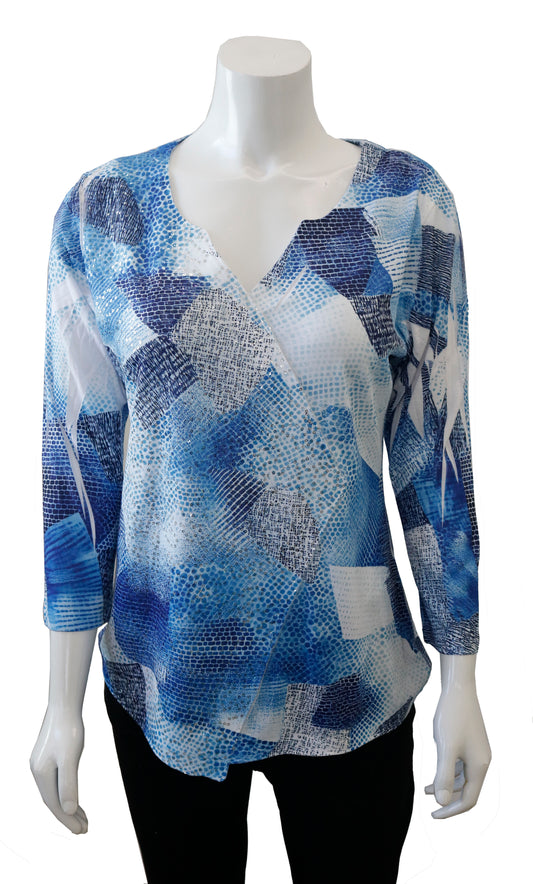 071- Impulse  Shades of Blue Sequin Front "V" Neck Top