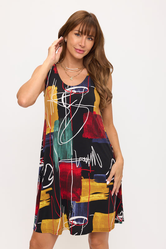 000- Atu Black Scribble Sleeveless Dress