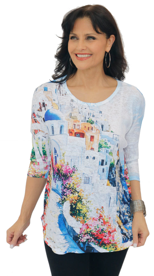071- Impulse Blue Cliffside Ocean Print Top