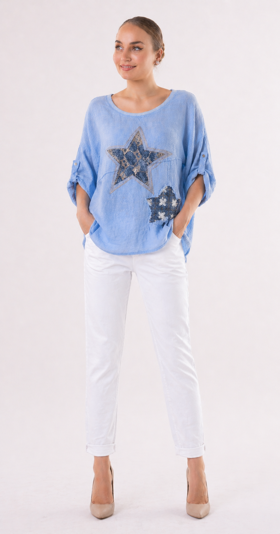 063- Bella Amore Linen Double Star Top - Blue