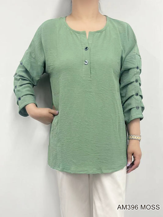 007- Creations Pinched Button Sleeve Top - Sage Green