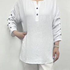 007- Creations Pinched Button Sleeve Top - White
