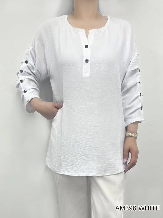 007- Creations Pinched Button Sleeve Top - White