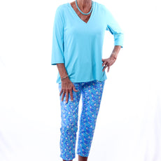 001- LuLu B Blue with White Tiny Daisy Zip Pocket Ankle Pant