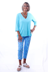 001- LuLu B Blue with White Tiny Daisy Zip Pocket Ankle Pant
