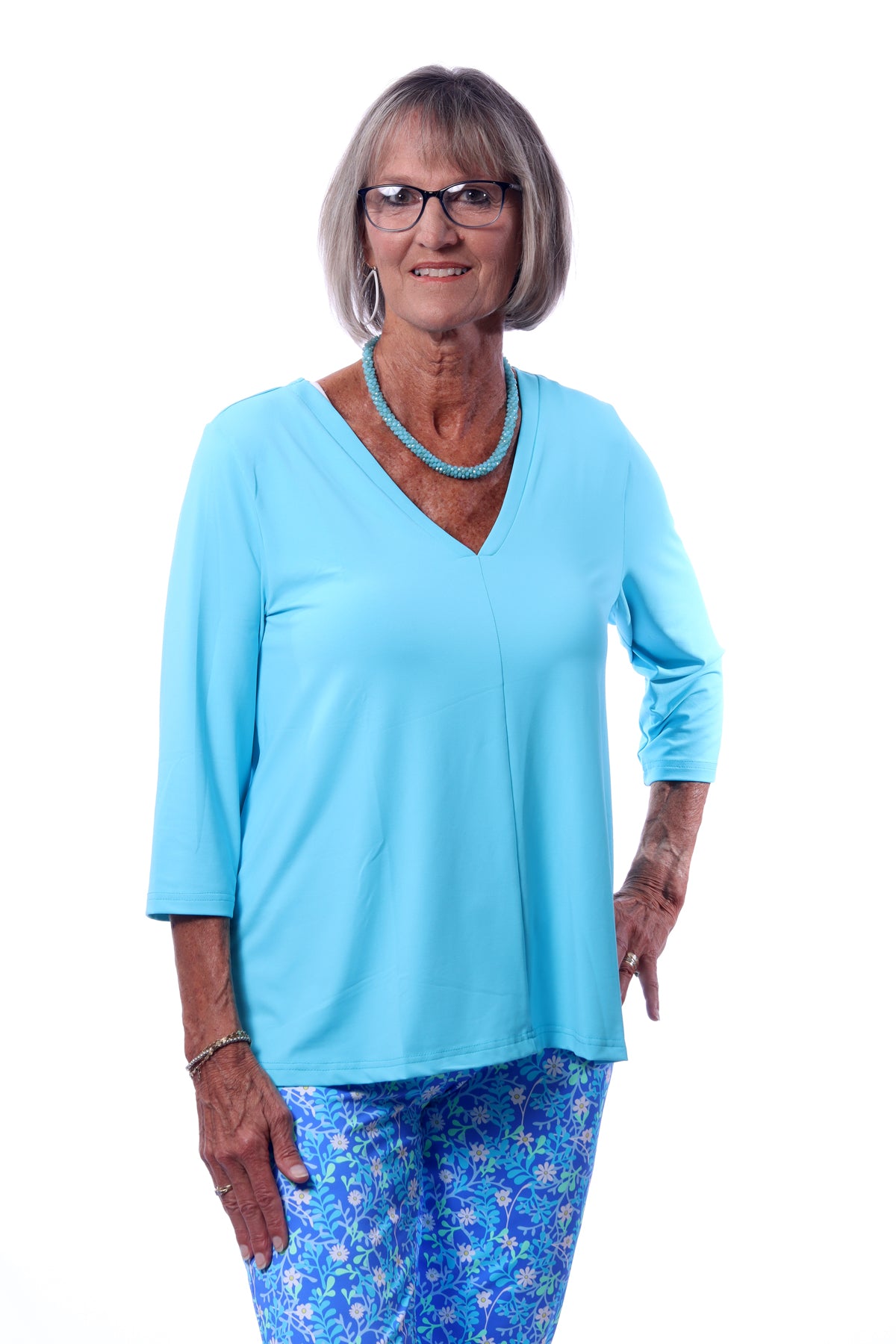 001- LuLu B Tahiti Turquoise "V" Neck Center Seam Top