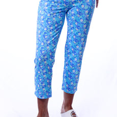 001- LuLu B Blue with White Tiny Daisy Zip Pocket Ankle Pant