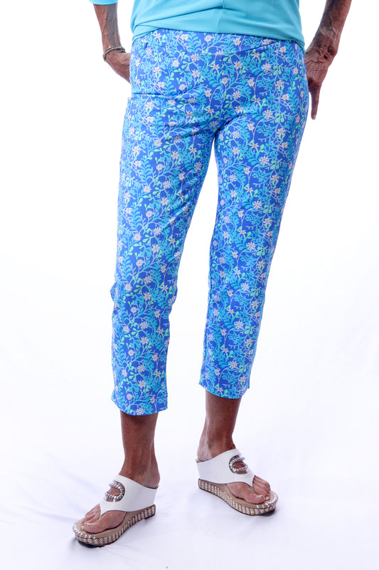 001- LuLu B Blue with White Tiny Daisy Zip Pocket Ankle Pant