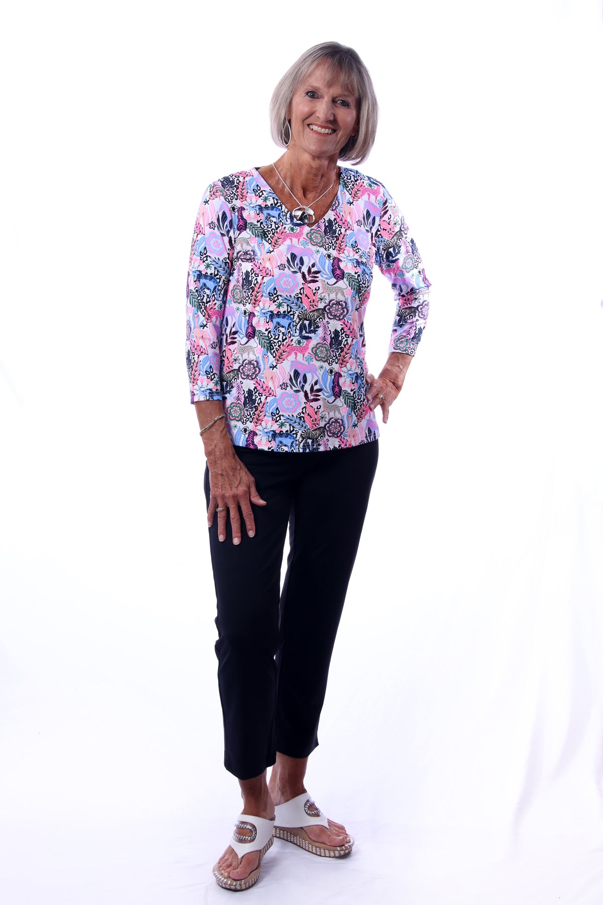 001- LuLu B Pink and Blue Animal Floral Print "V" Neck Top