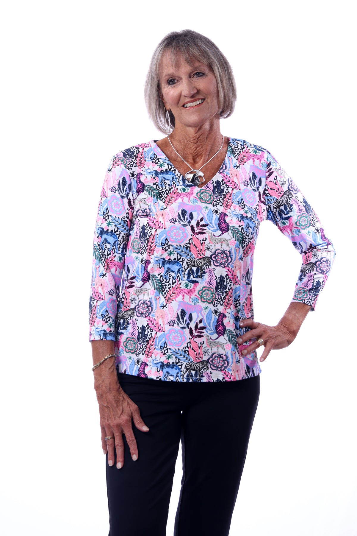 001- LuLu B Pink and Blue Animal Floral Print "V" Neck Top