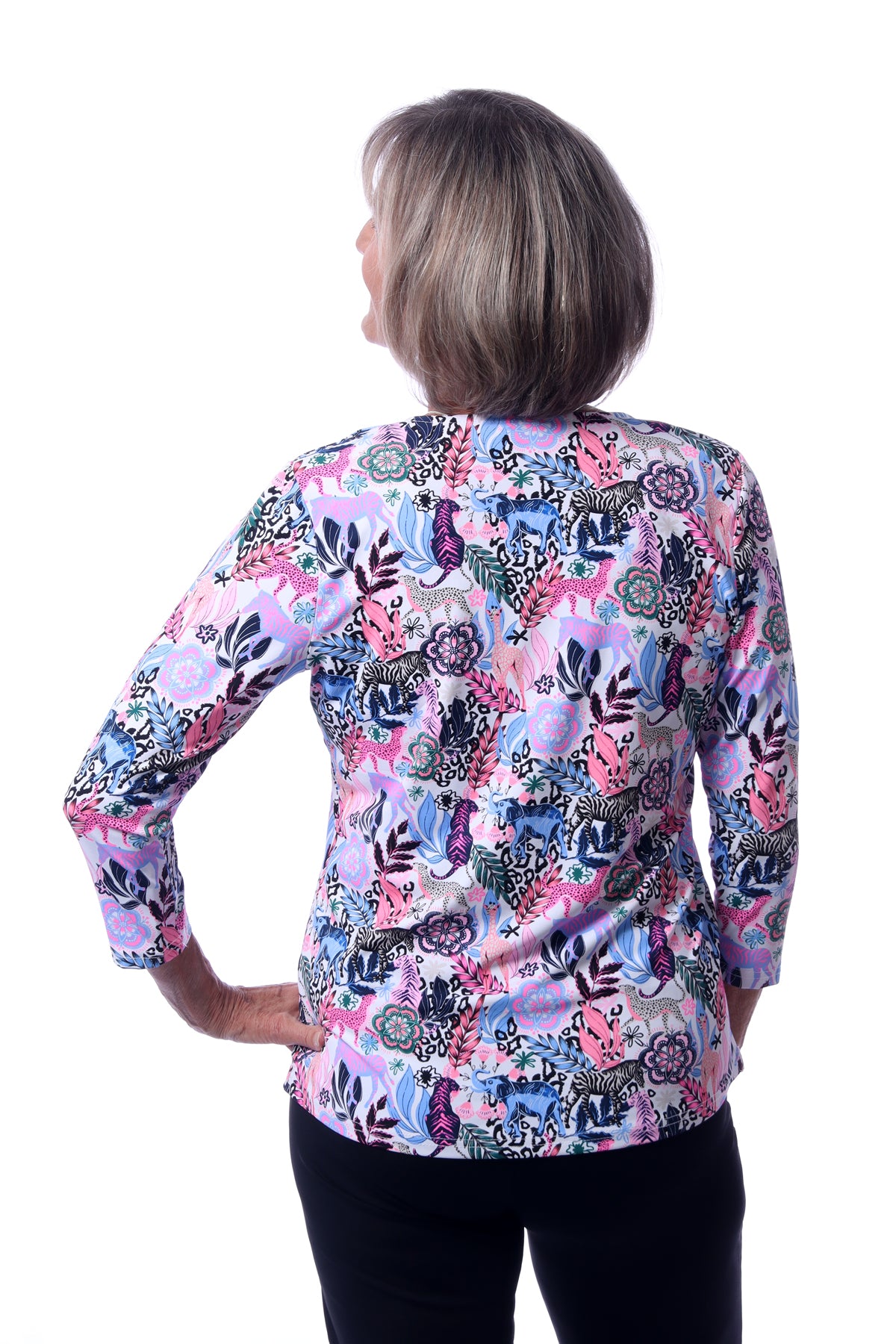 001- LuLu B Pink and Blue Animal Floral Print "V" Neck Top