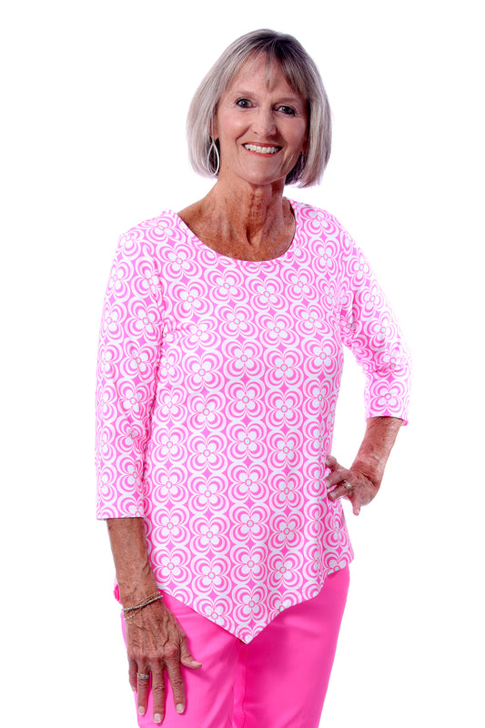 001- LuLu B Bright Pink Flower Asymmetrical Top