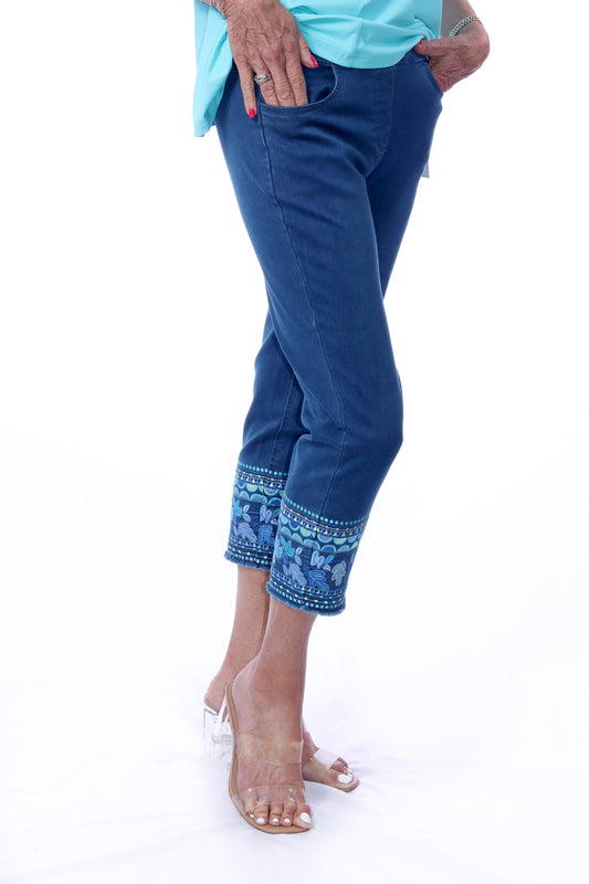 001- LuLu B Dark Denim Embroidered Ankle Pant